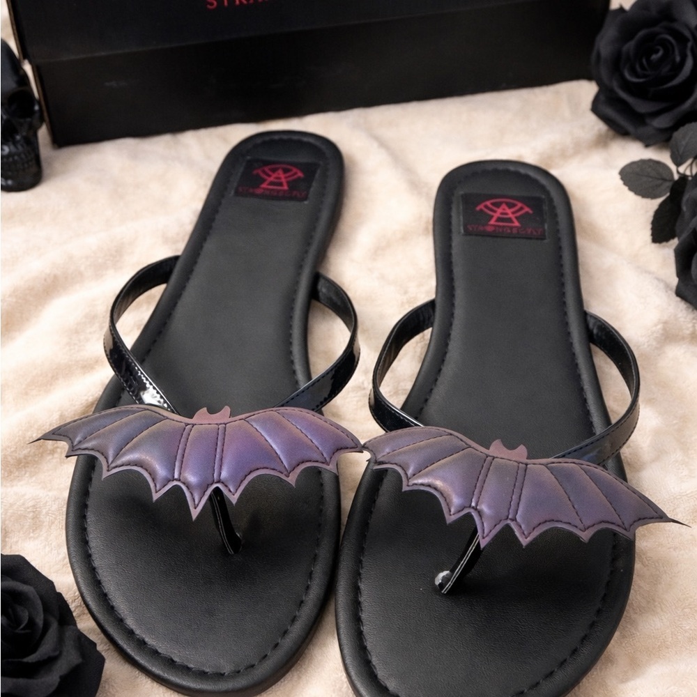 Women’s Black Flip Flop Sandals with Bat Accent - Alternative Goth Style